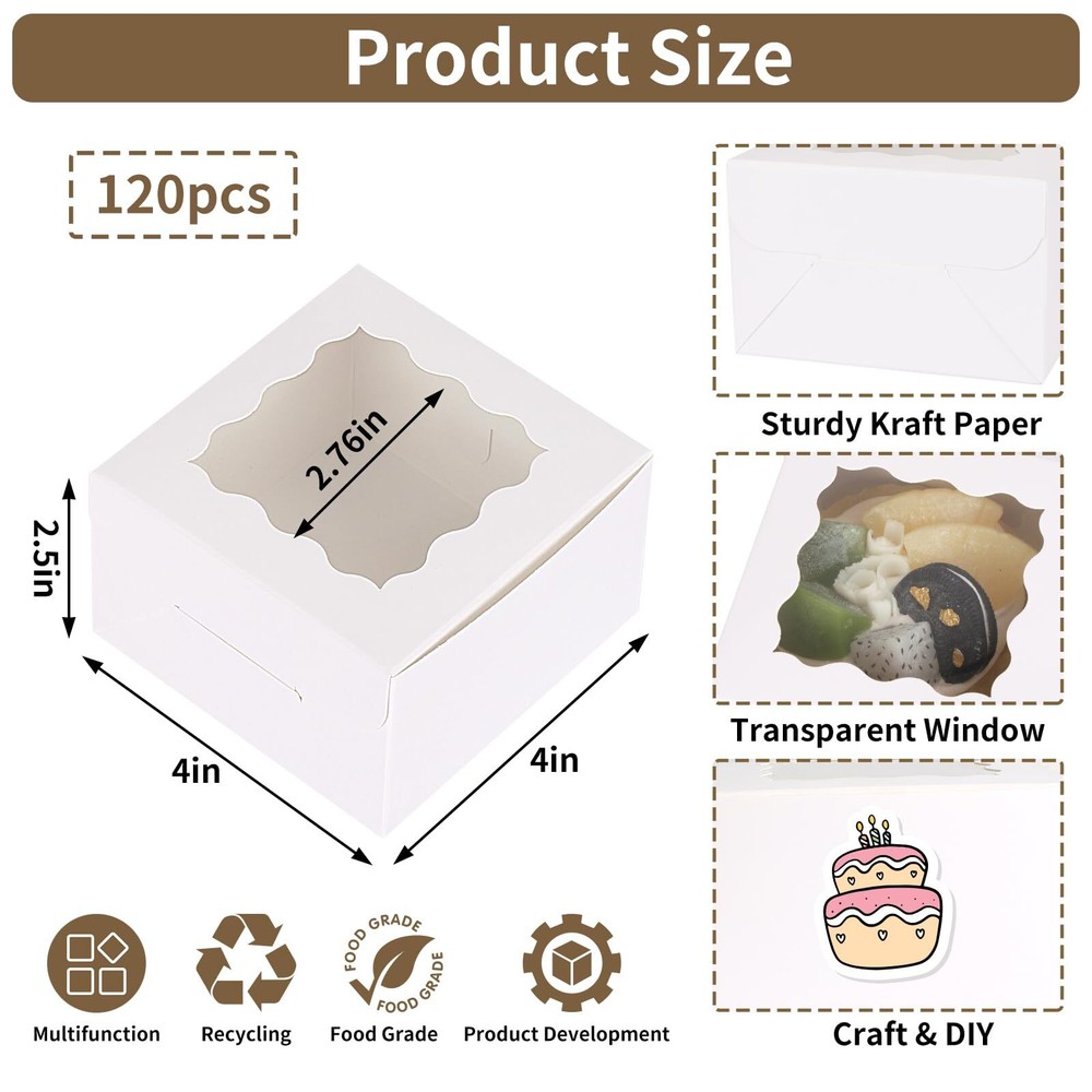 120pcs Bakery Boxes 4x4x2.5 Inch Cookie Boxes with Window Small Cake Boxes Mi...