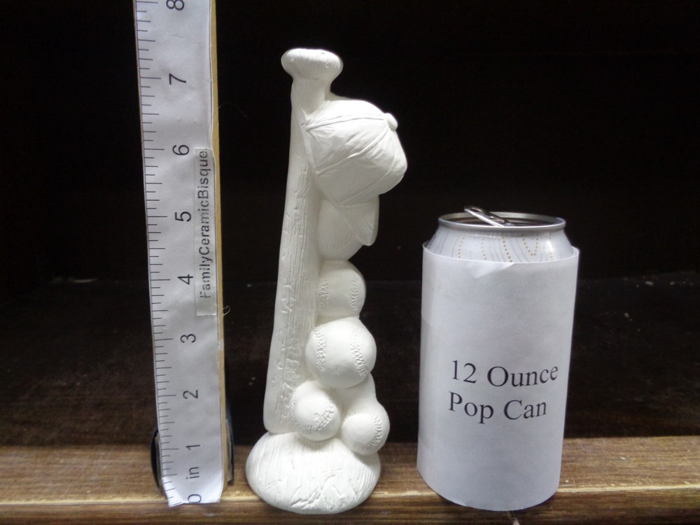 E827-Ceramic Bisque 7.5" Stack of Baseballs, Baseball Hat, Bat - U Paint