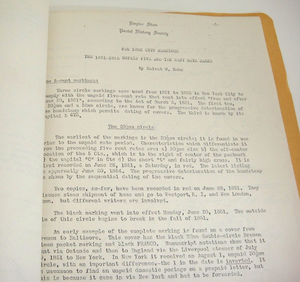 New York Clamshells and Ovals Markings 1851-1855 Unpaid Rate Marks Calvet Hahn