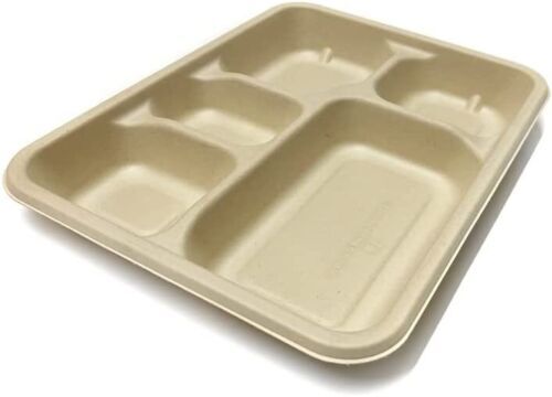5 Compartments Bagasse Rectangular Tray Compostable Biodegradable With Lids