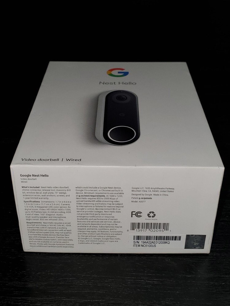 Google Nest Hello NC5100US Wired Doorbell (Empty Box only)