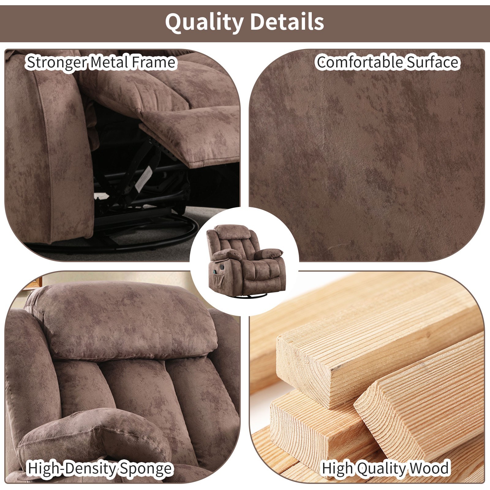 EBELLO Manual Massage Rocker Recliner with Heat & Vibration 360 Degree Swivel