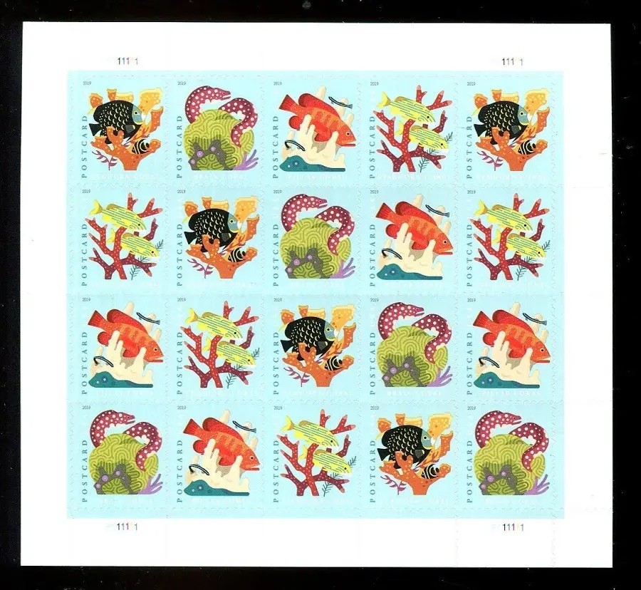2019 USPS SHEET OF 20 POSTCARD STAMPS CORAL REEFS 61¢