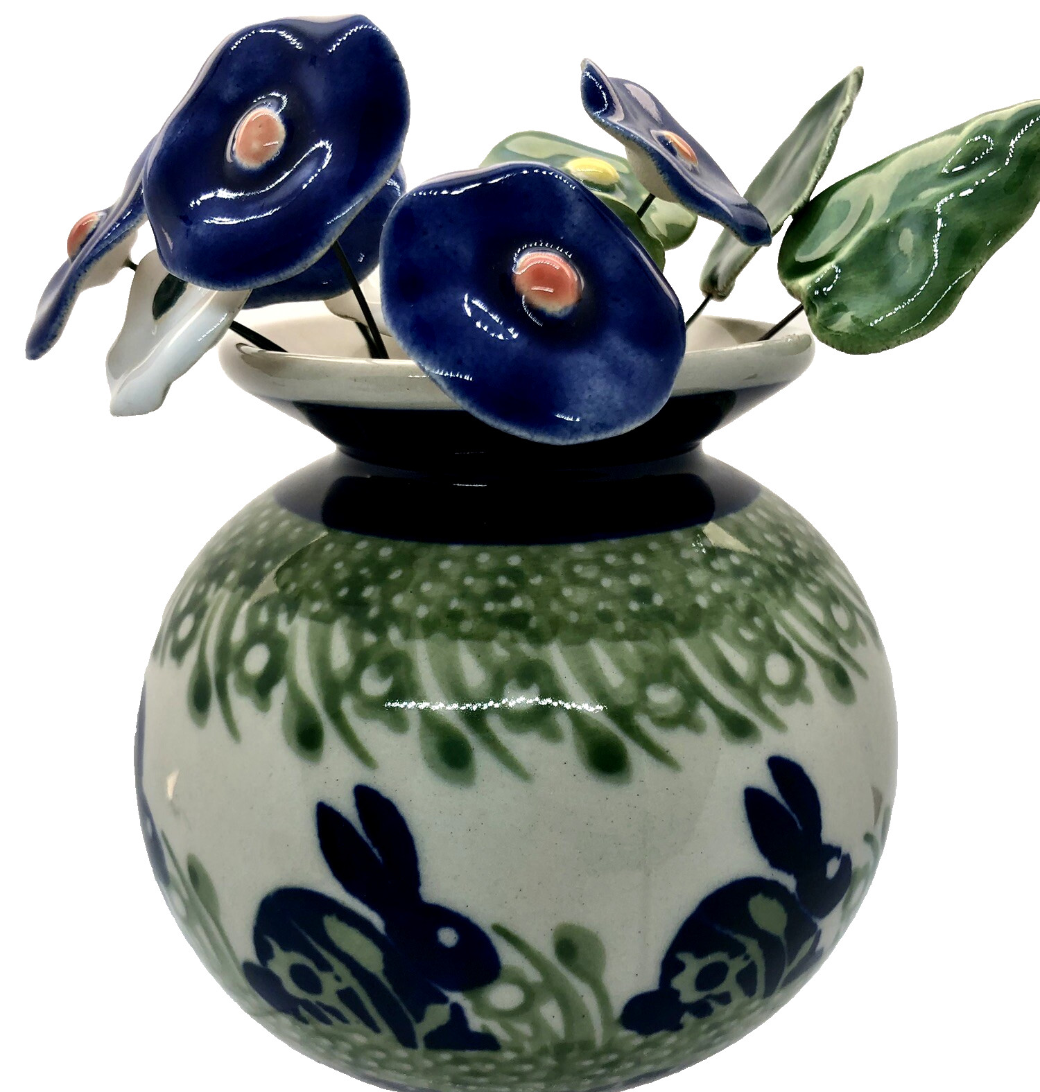 Polish Pottery Round Vase P324 Bunny Rabbit with 11 Polish Ceramic Flowers