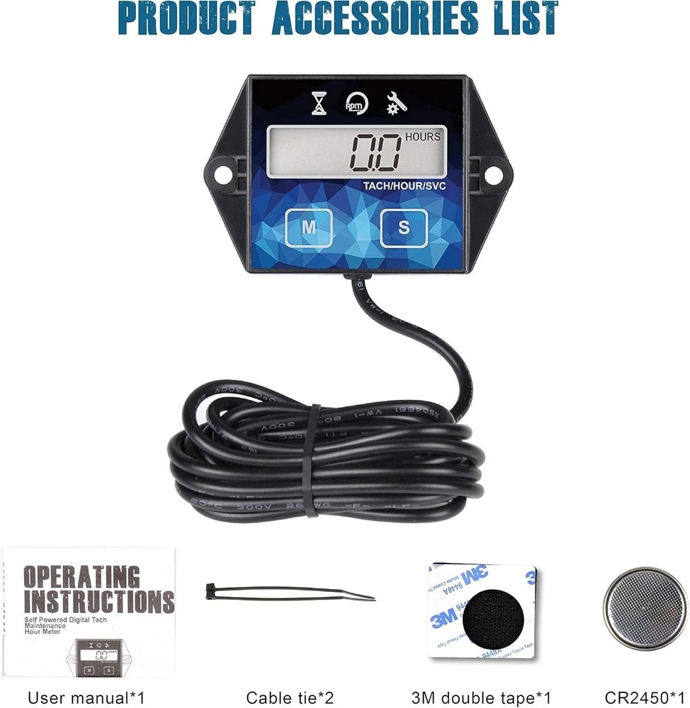 Small Engine Hour Meter, Digital Tachometer, Maintenance Reminder, Battery Re...