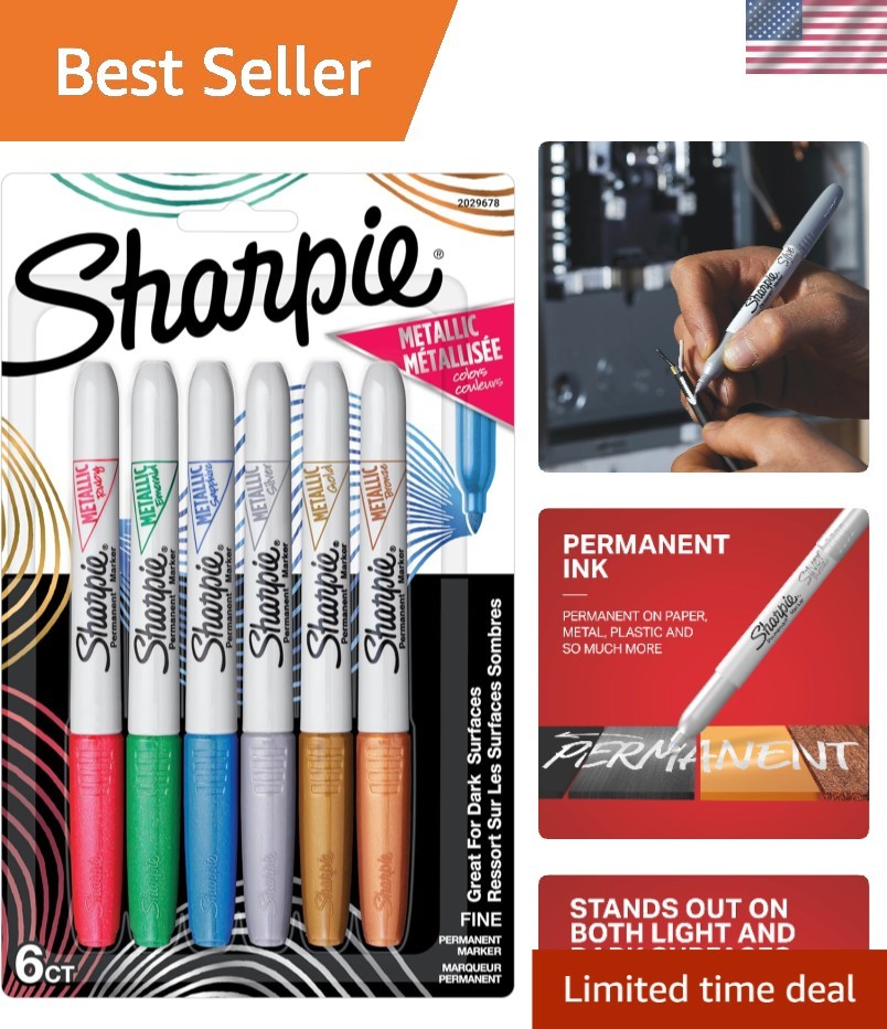 Vibrant 6-Count Metallic Fine Point Permanent Markers - Quick Drying & Water ...