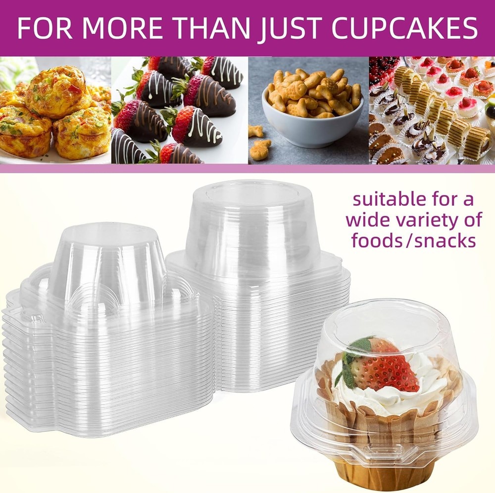 Individual Cupcake Boxes - 100 Count Clear Plastic Holders with Dome Lid