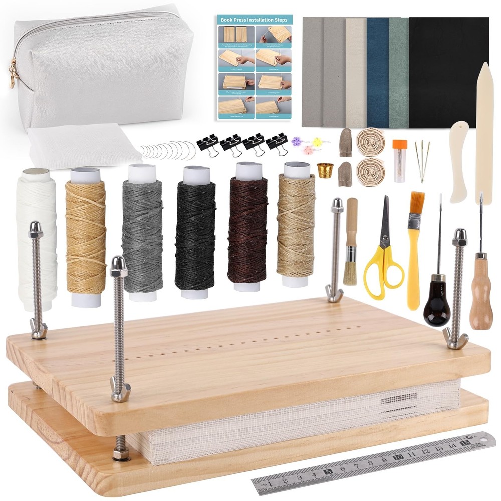 Complete Book Binding Kit 52 Pcs - DIY Bookmaking Tools, Press, Bone Folder, Wax