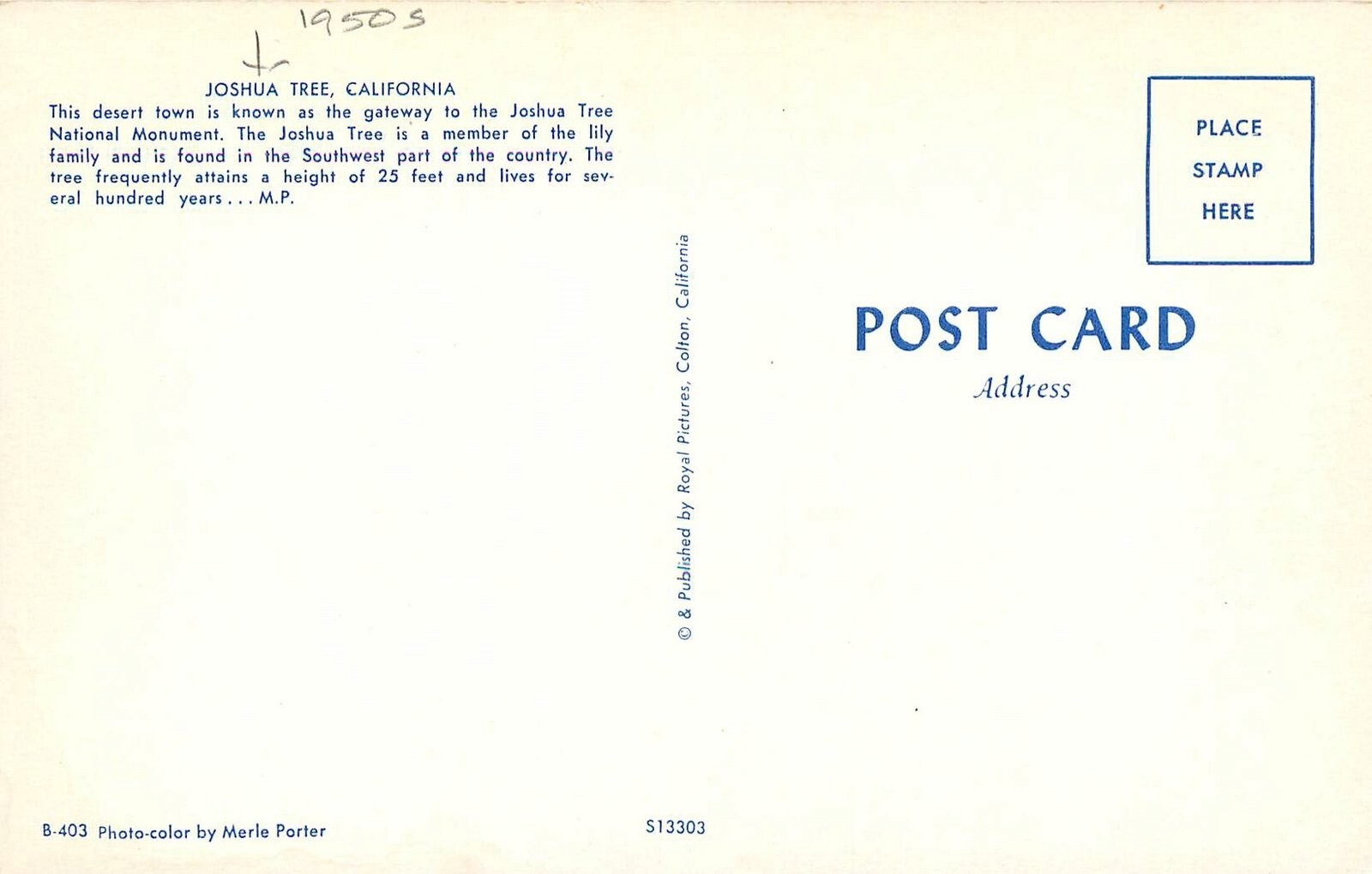 Joshua Tree California 1950s Street Scene autos Royal Pictures Postcard 24-9476