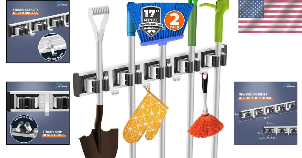 Space-Saving 2 Pack Broom Holder with 5 Racks & 4 Hooks - Elegant Black Finish