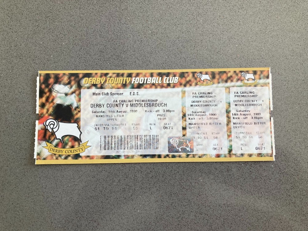 Derby County v Middlesbrough 1999-00 Match Ticket