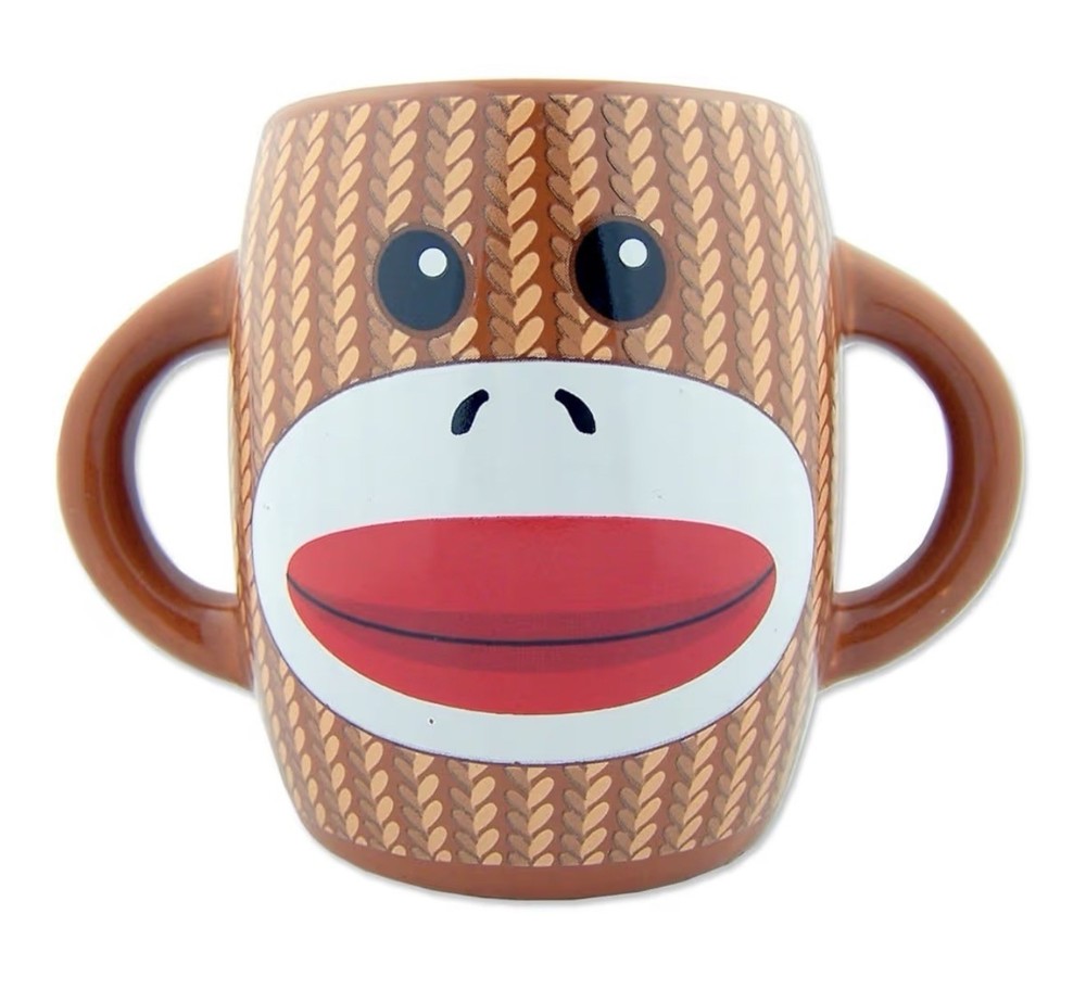 Sock Monkey Cup Double Handle Ceramic Brown 12 oz