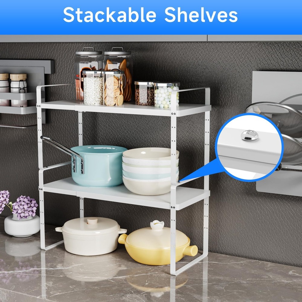 KIKIBRO Expandable Cabinet Shelf Organizer, Stackable Kitchen Pantry Counter Sto