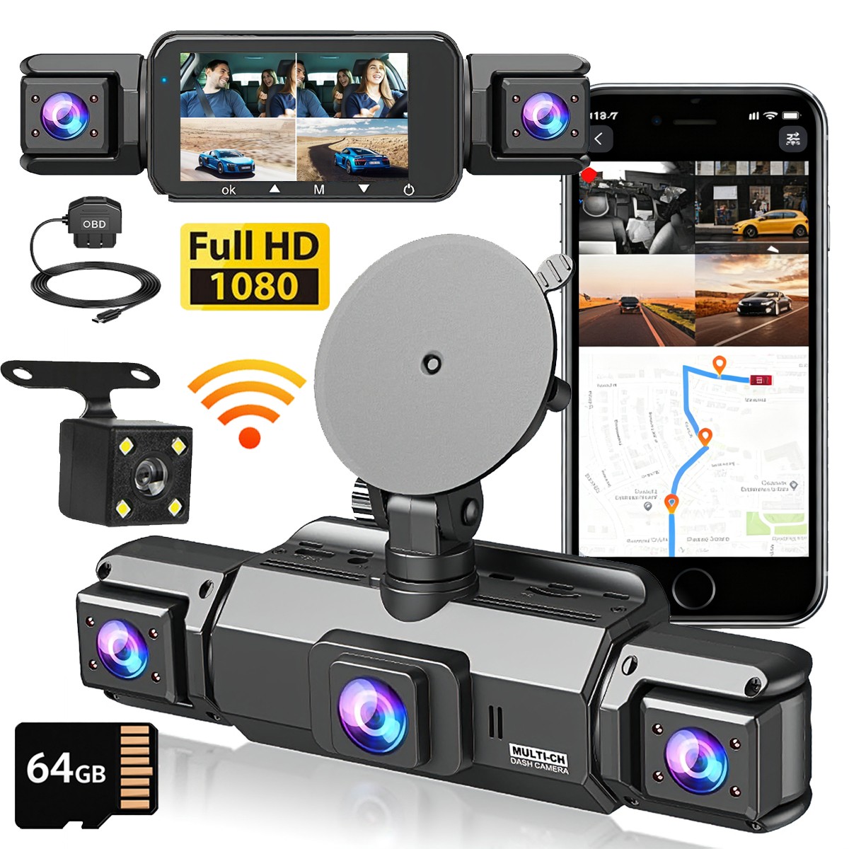 4 Channel Dash Cam 4k Car Camera 360 View WiFi Front Rear Inside Left Right 64GB