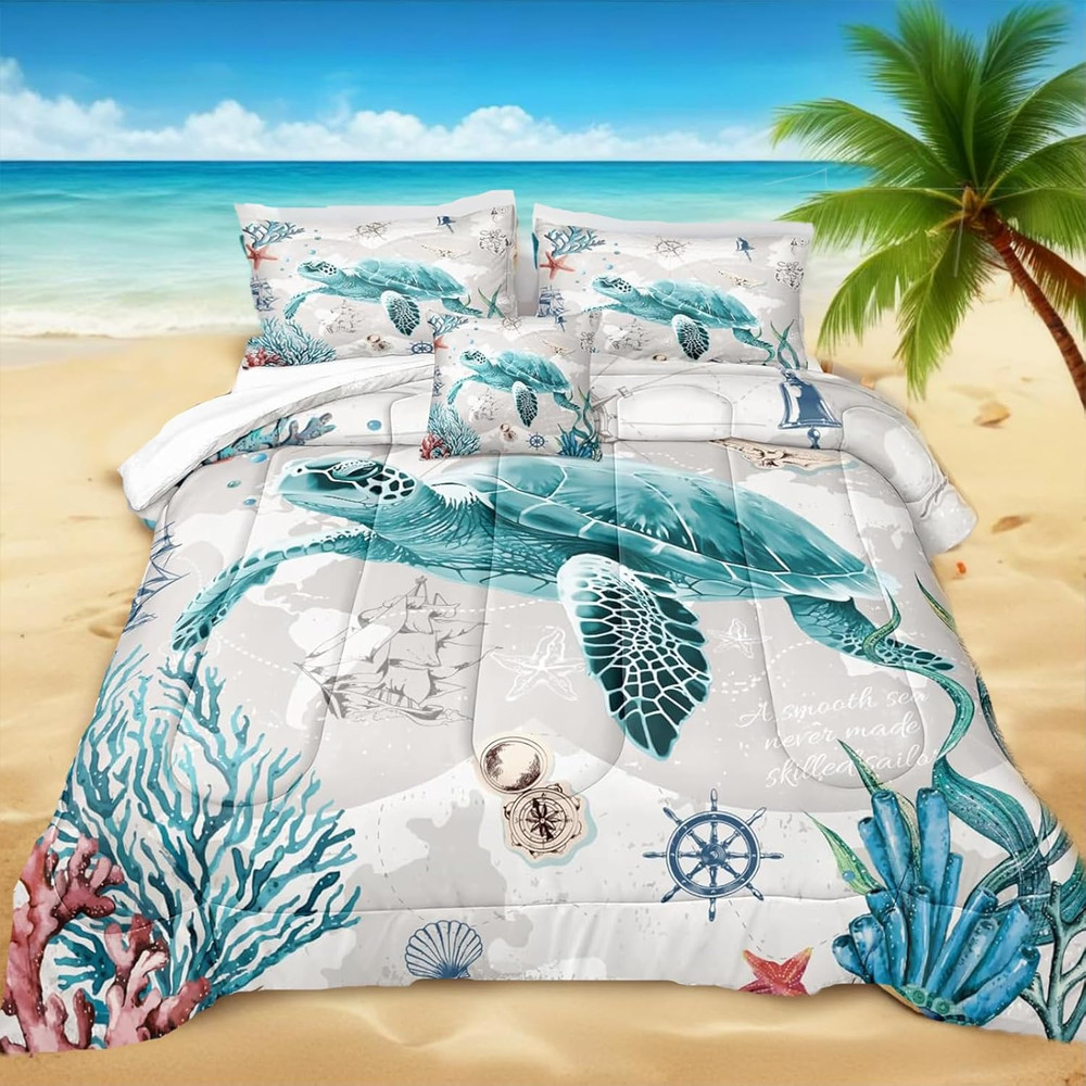 Nautical Bedding Set Turtle Comforter Set King Size Beach Comforter Set Soft Mic