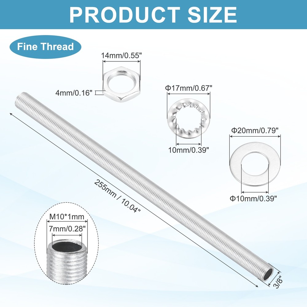 21Pcs 10" M10 Lamp Pipe Kit with Lock Nuts Washers for Assembly, Silver