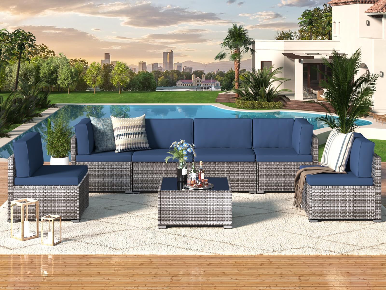 7-Pieces Patio Furniture Set Outdoor Sectional Sofa Rattan Wicker Sofa W/ Table