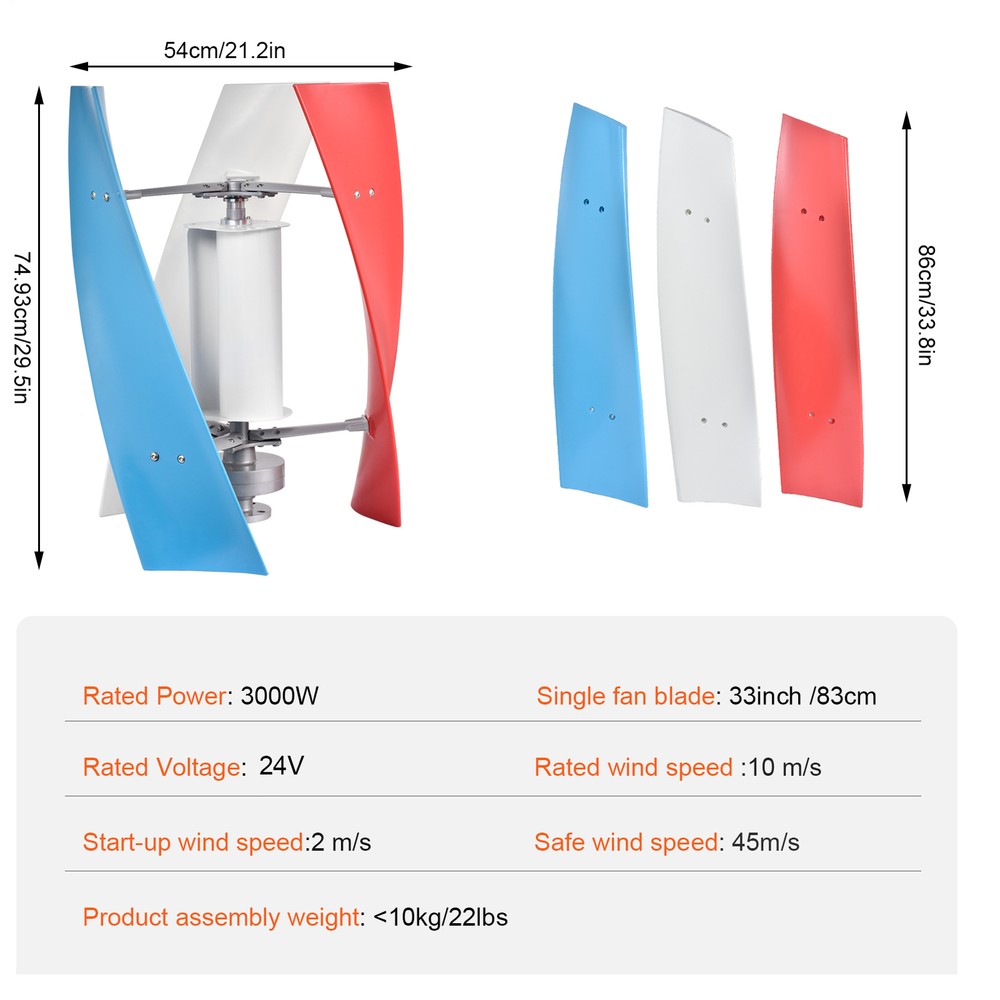 3000W Vertical Axis Wind Turbine Generator AC 24V Controller Home Windmill Kit