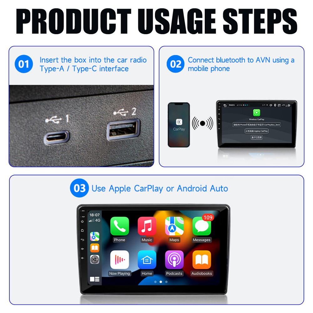 2in1 Mini Carplay Wireless Adapter USB Bluetooth Dongle for iPhone Android Auto