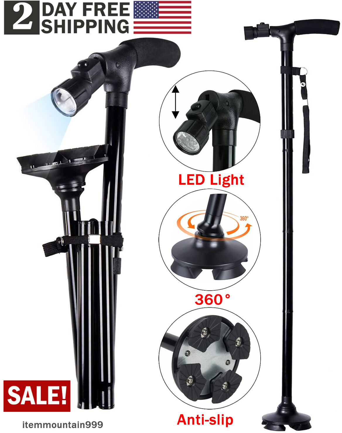 LED Folding Walking Cane for Seniors Men & Women w/ Non-Slip T Handle and Strap