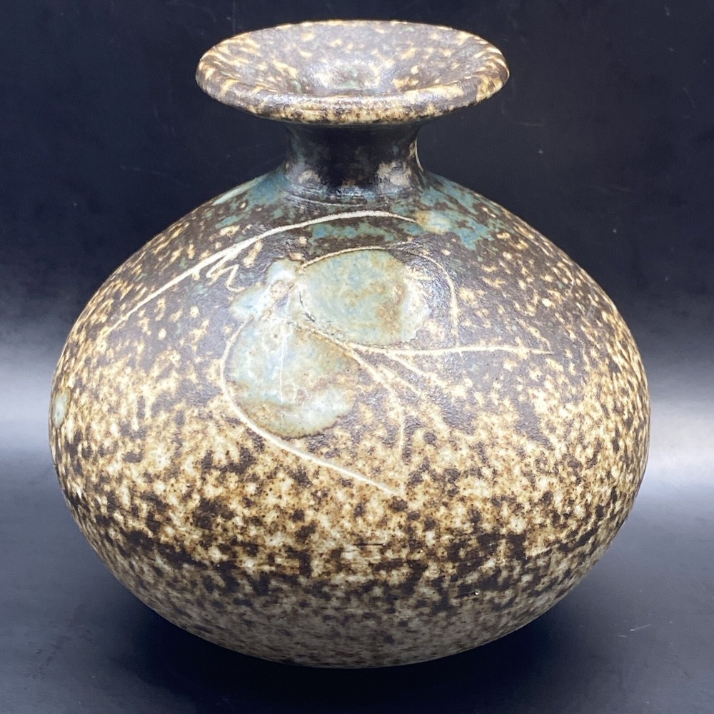 Artisan Studio Pottery Unique Brown Bulb Vase, Glazed Inside,Leaf Design, Signed