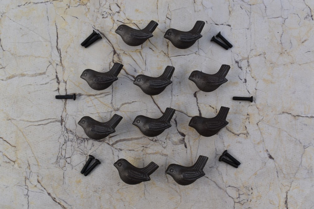 Vintage cast Iron Bird shape door knobs cabinet drawer handles pull rustic 10 pc