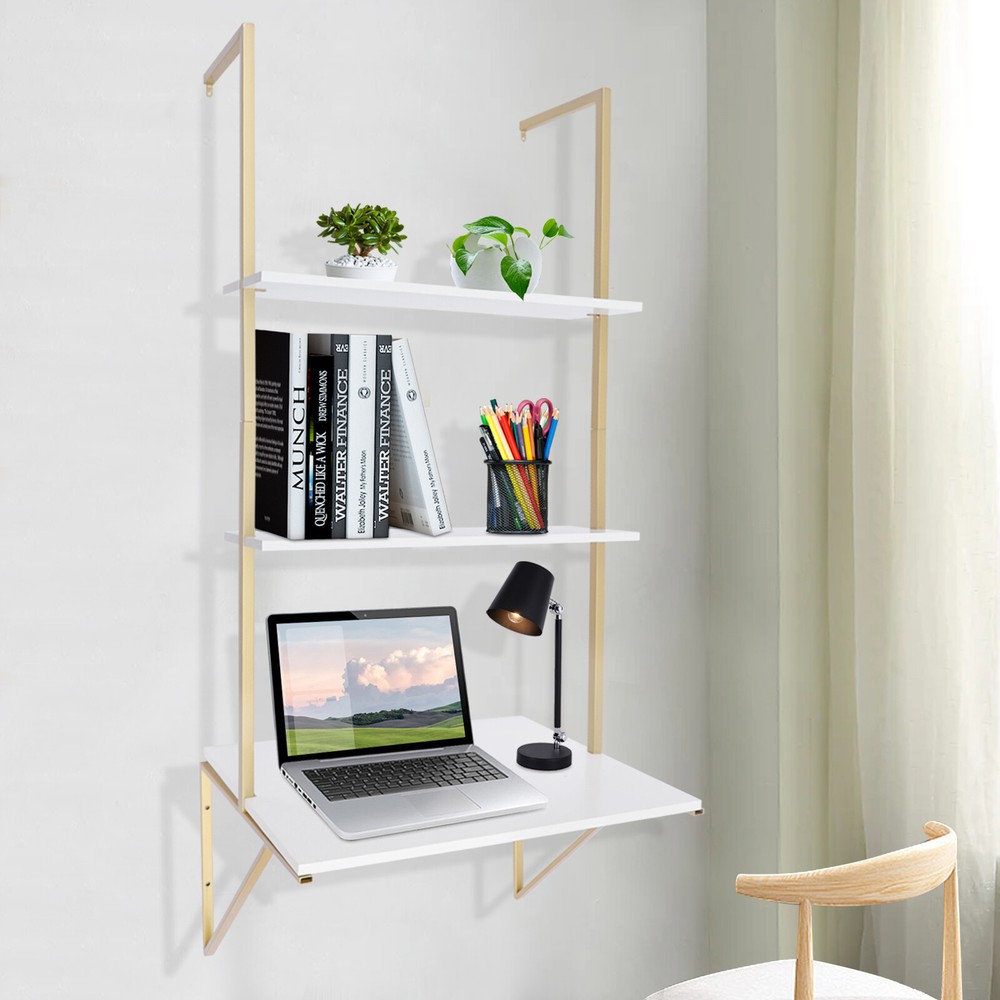 3 Layers Ladder Desk Computer Writing Table Floating Shelves Laptop Display Rack