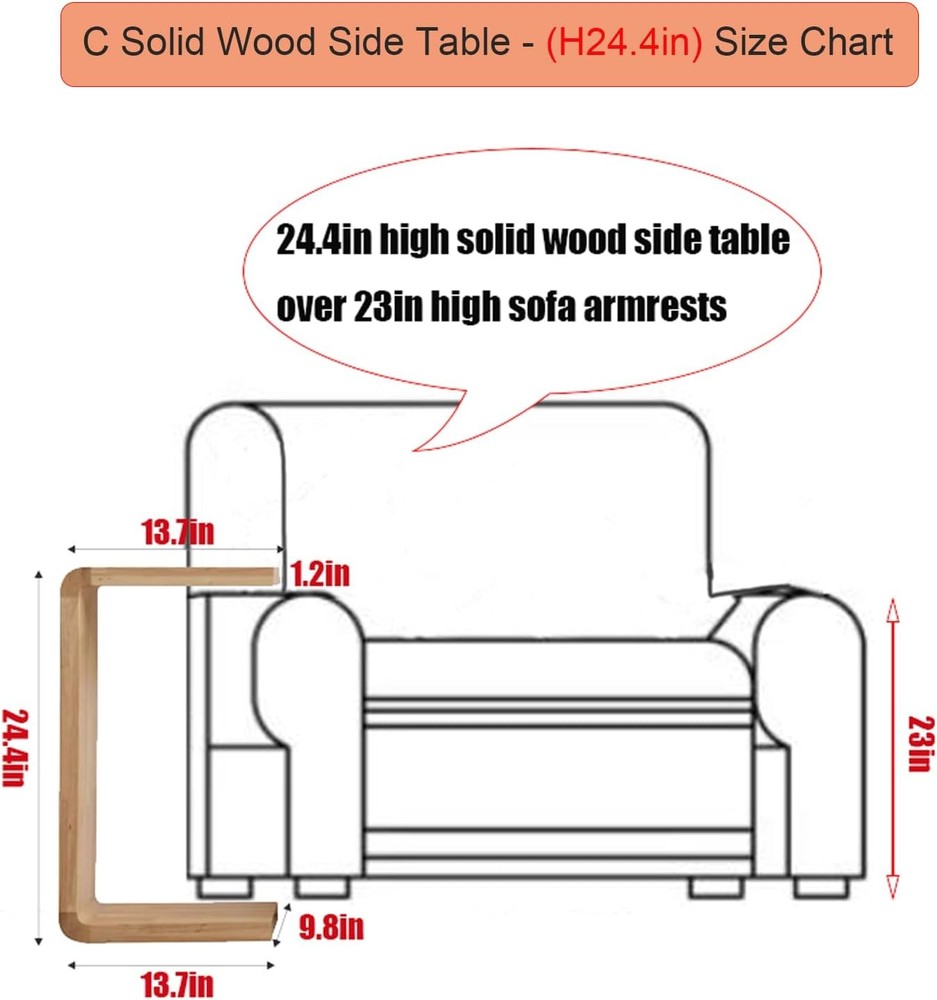 C Shaped End Table Solid Wood Sofa Side Table Couch Bed & Living Room