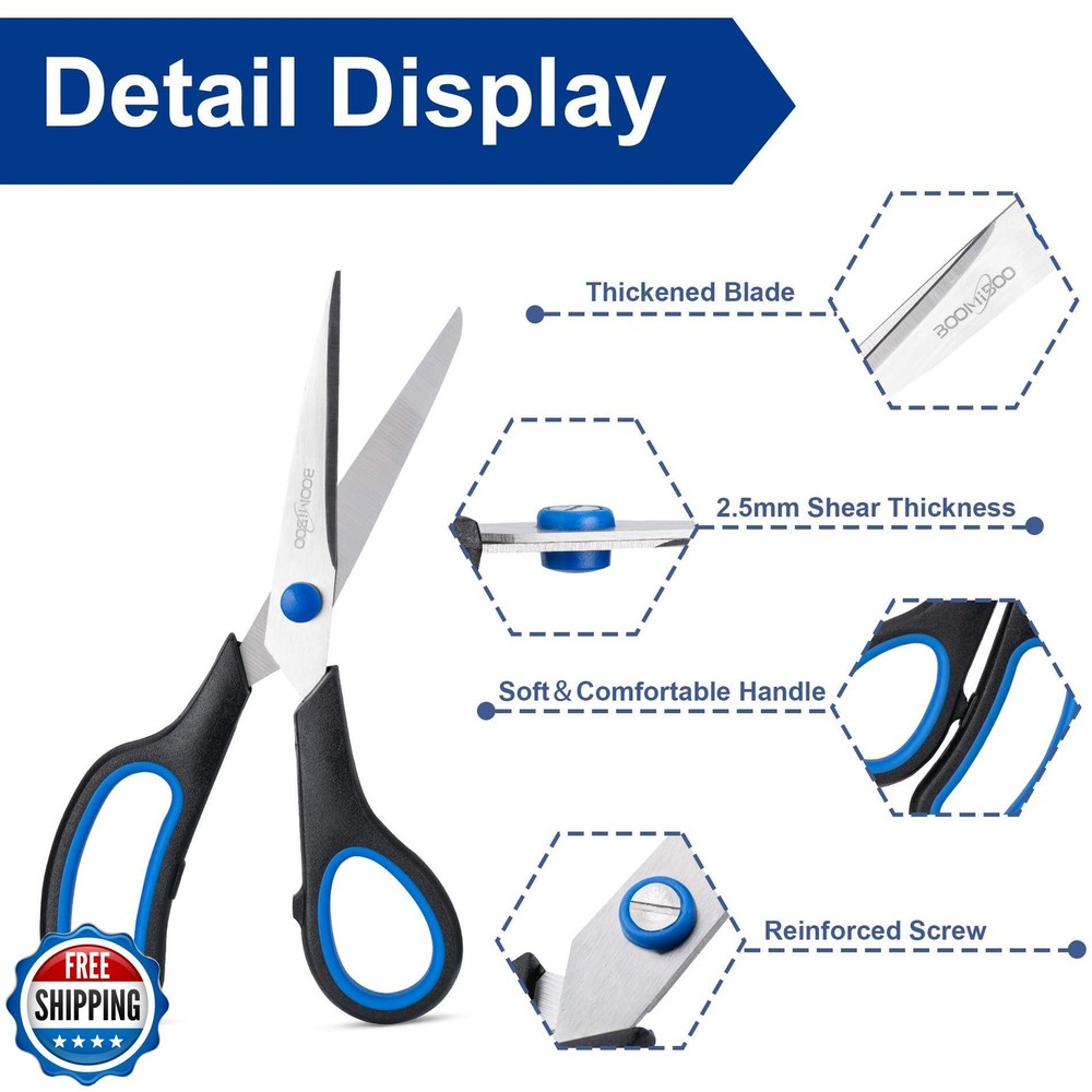 Scissors, BOOMIBOO 8" All Purpose 6 Pack - Comfort-Grip Scissors