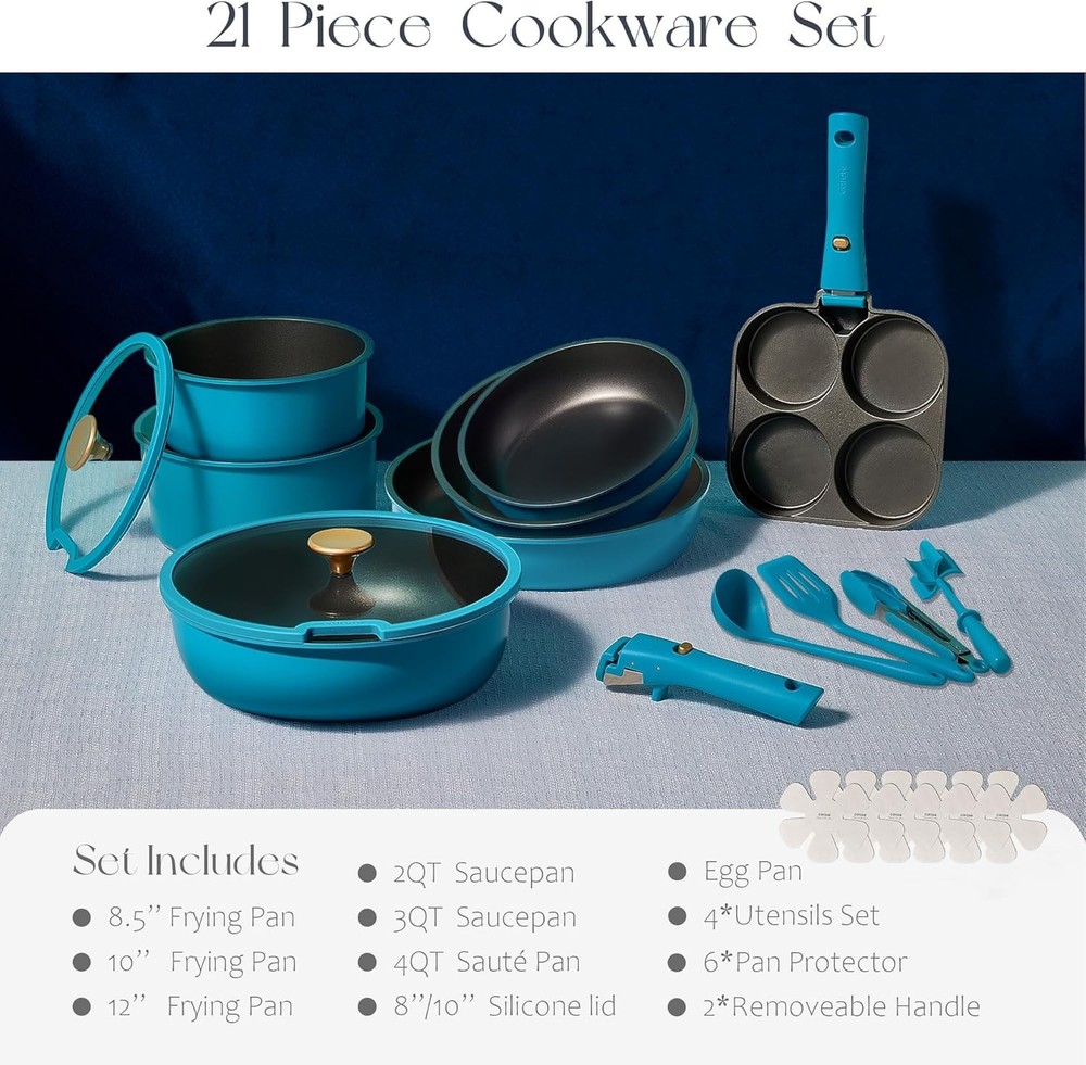 21pcs Pots and Pans Set, Nonstick Cookware Set Detachable Handle, Induction K...