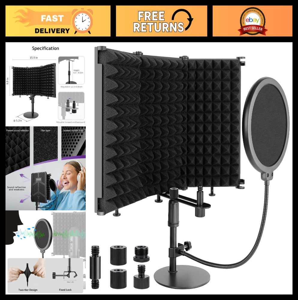 3-Panel Microphone Isolation Shield with Stand & Pop Filter - Soundproof Foam fo