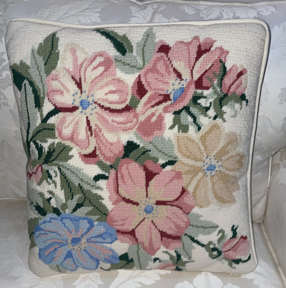 Vintage Needlepoint Flower Pattern 14 x 13 Pillow.