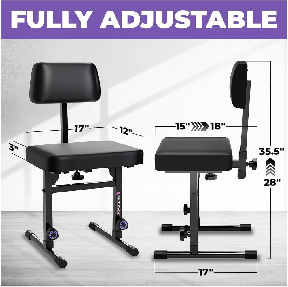 Adjustable Piano Bench with Backrest – Black Padded Seat