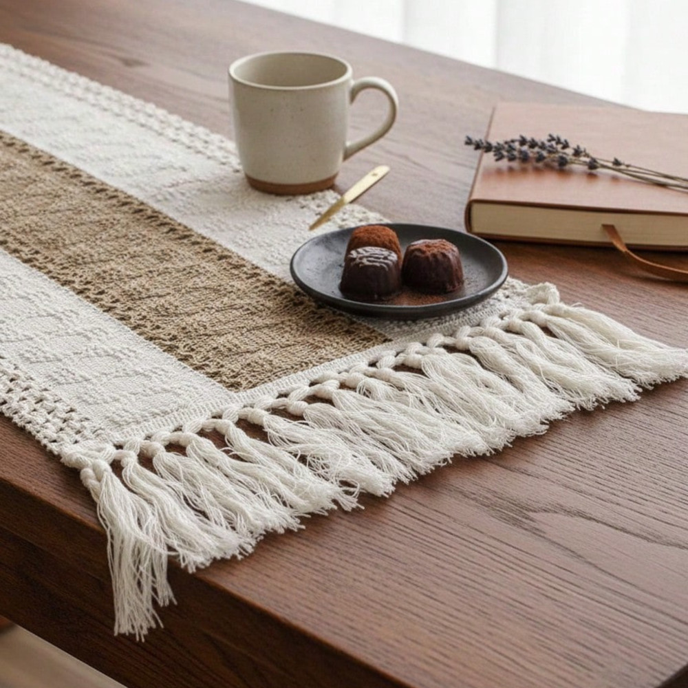Boho Table Runner With Tassels Cream & Brown Macrame Woven Table Runner Mat