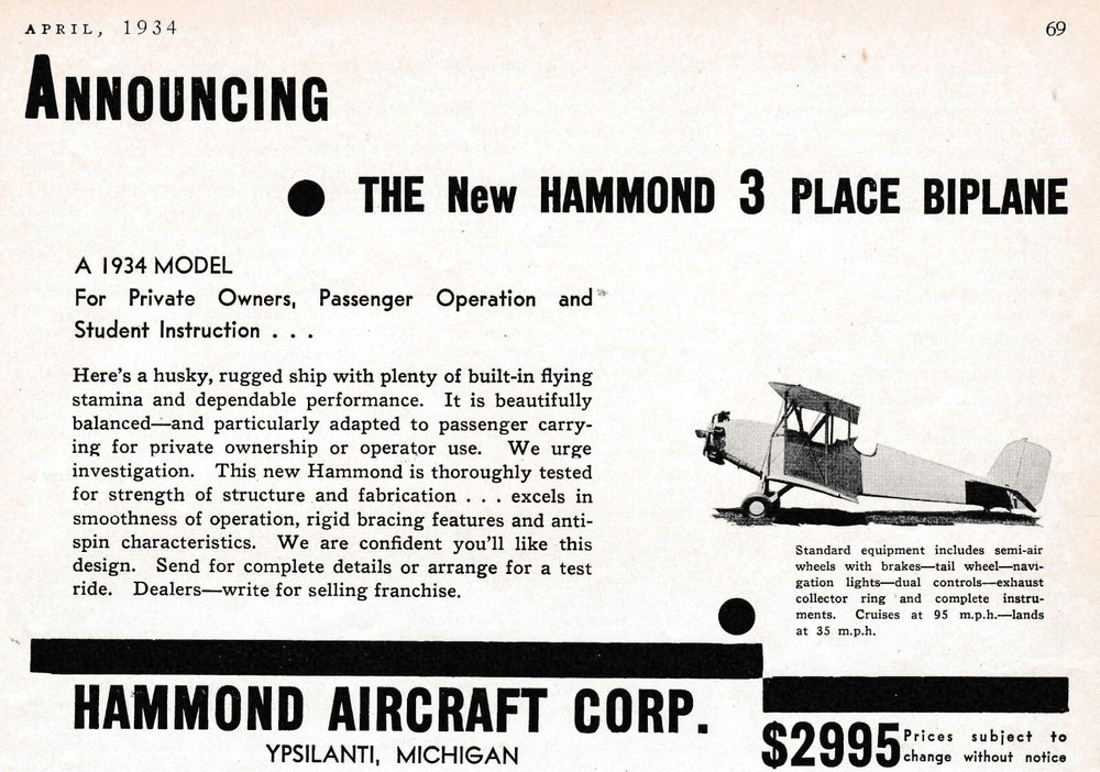 THREE 1930's Hammond Aircraft Ads 4/27/2025