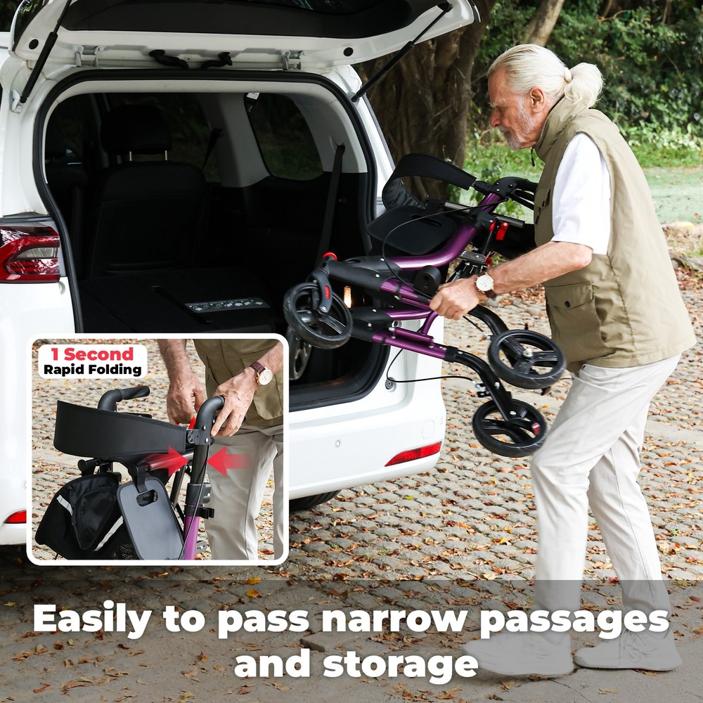 Foldable Rollator Walker for Seniors with 8" Wheels, 6-Level Height Adjustable