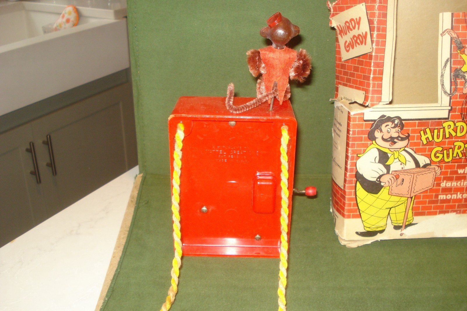 Vintage 1950's Hurdy Gurdy w/ Dancing Monkey Music Box Toy & Box Mattel, WORKS