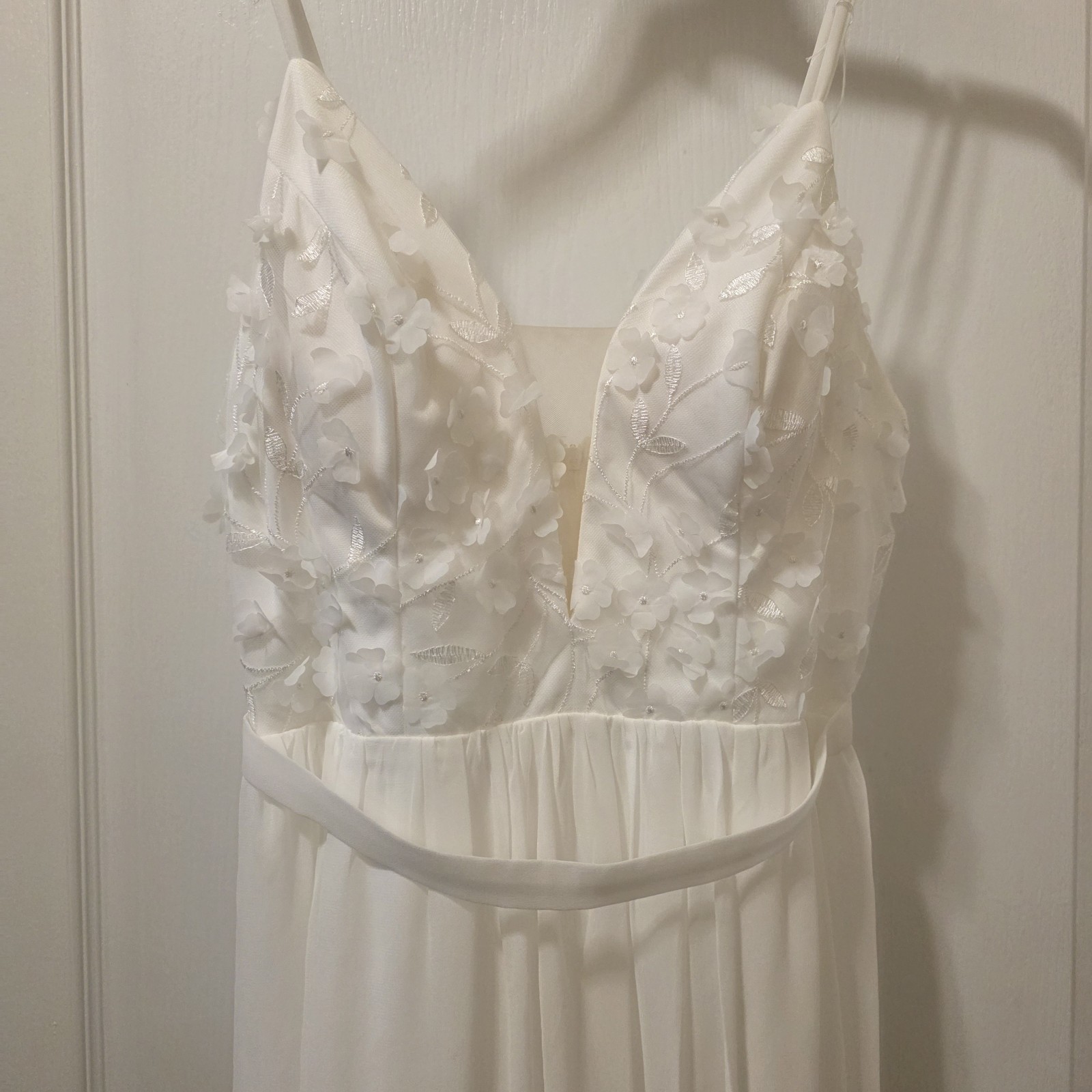 Wedding Dress Slim Straps Floral Embellished V Neck Slit On Left Side