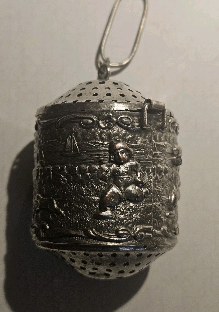 Silver Tea Infuser Repousse Dutch-Style Scene Chatelaine
