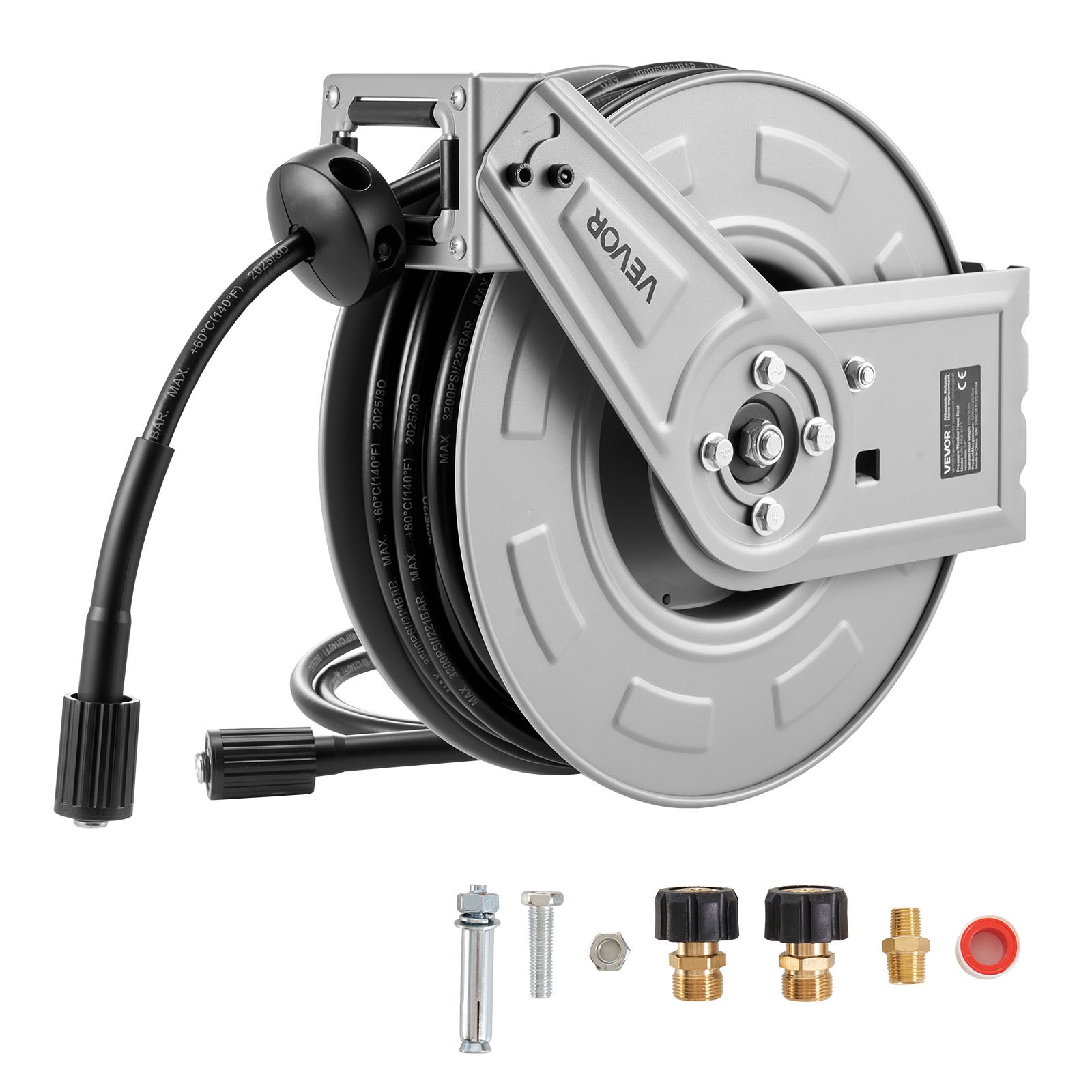 VEVOR Pressure Washer Hose Reel 65ft x 1/4in Retractable 3200PSI Auto-Rewinding