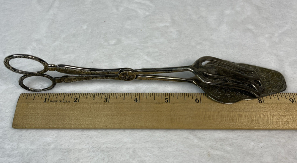 Vintage Silverplate Serving Tongs Ornate Victorian Scissor Handle 9"