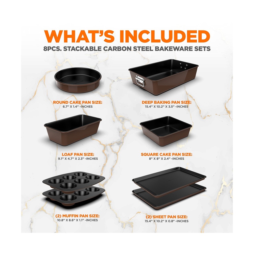 8-Piece Nonstick Stackable Bakeware Set - PFOA, PFOS, PTFE Free Baking Tray S...