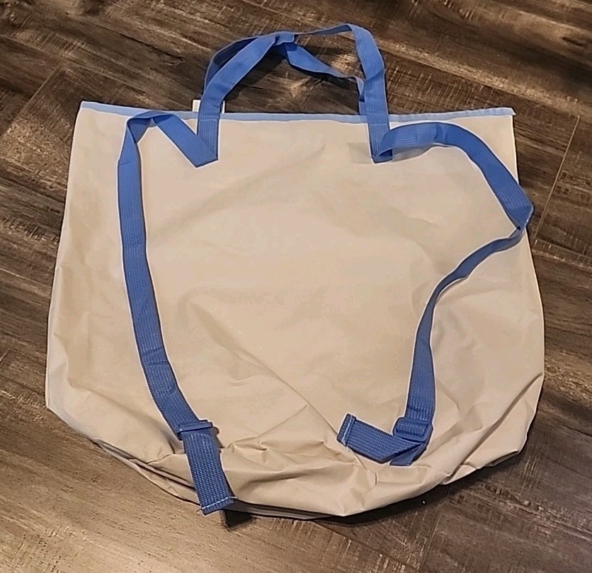 Laundry Backpack Cream/Blue Top Handles & Back Straps Drawstring Closure 18"Tall