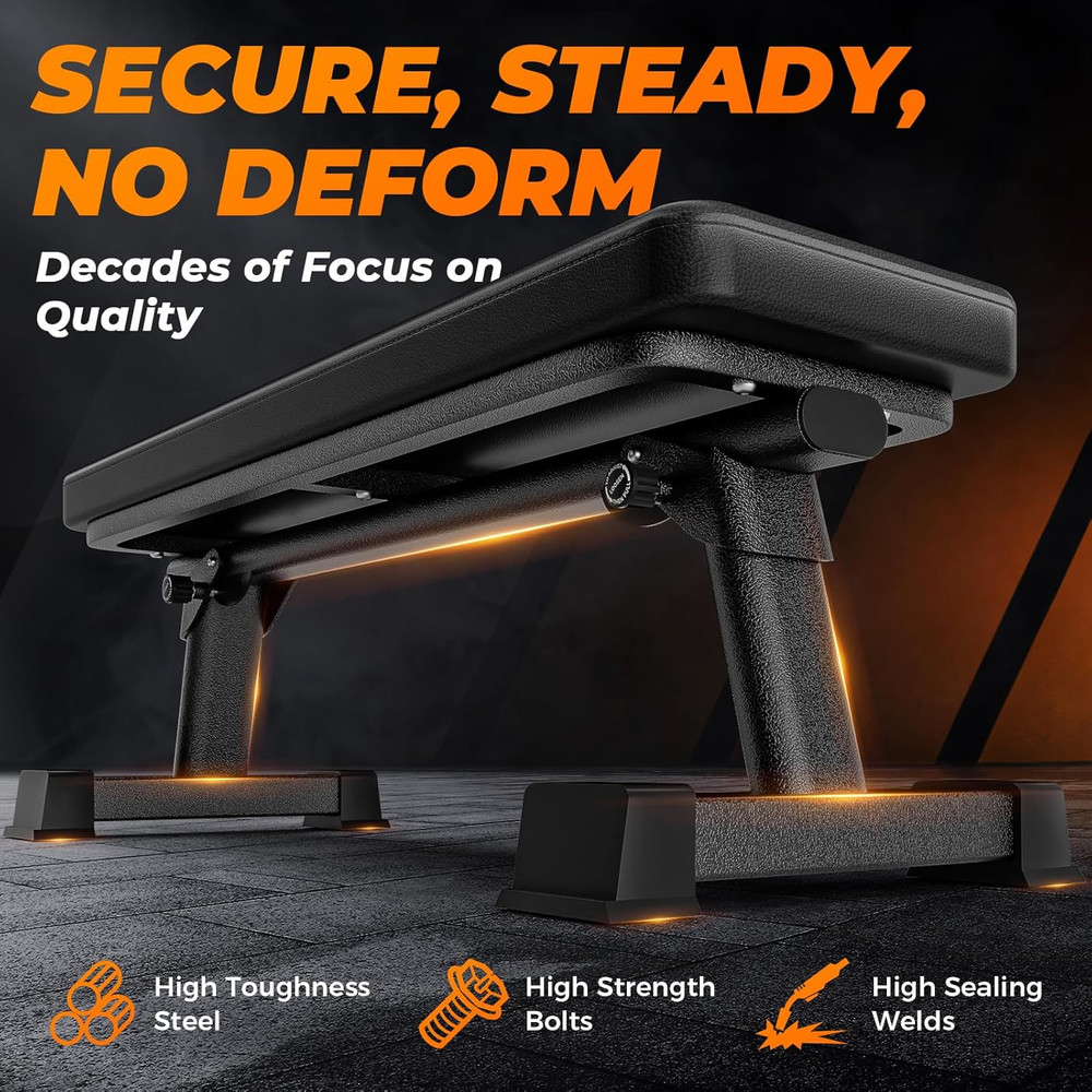 BODY RHYTHM Semi-Commercial Foldable Flat Bench for Multi-Purpose Weight Trainin