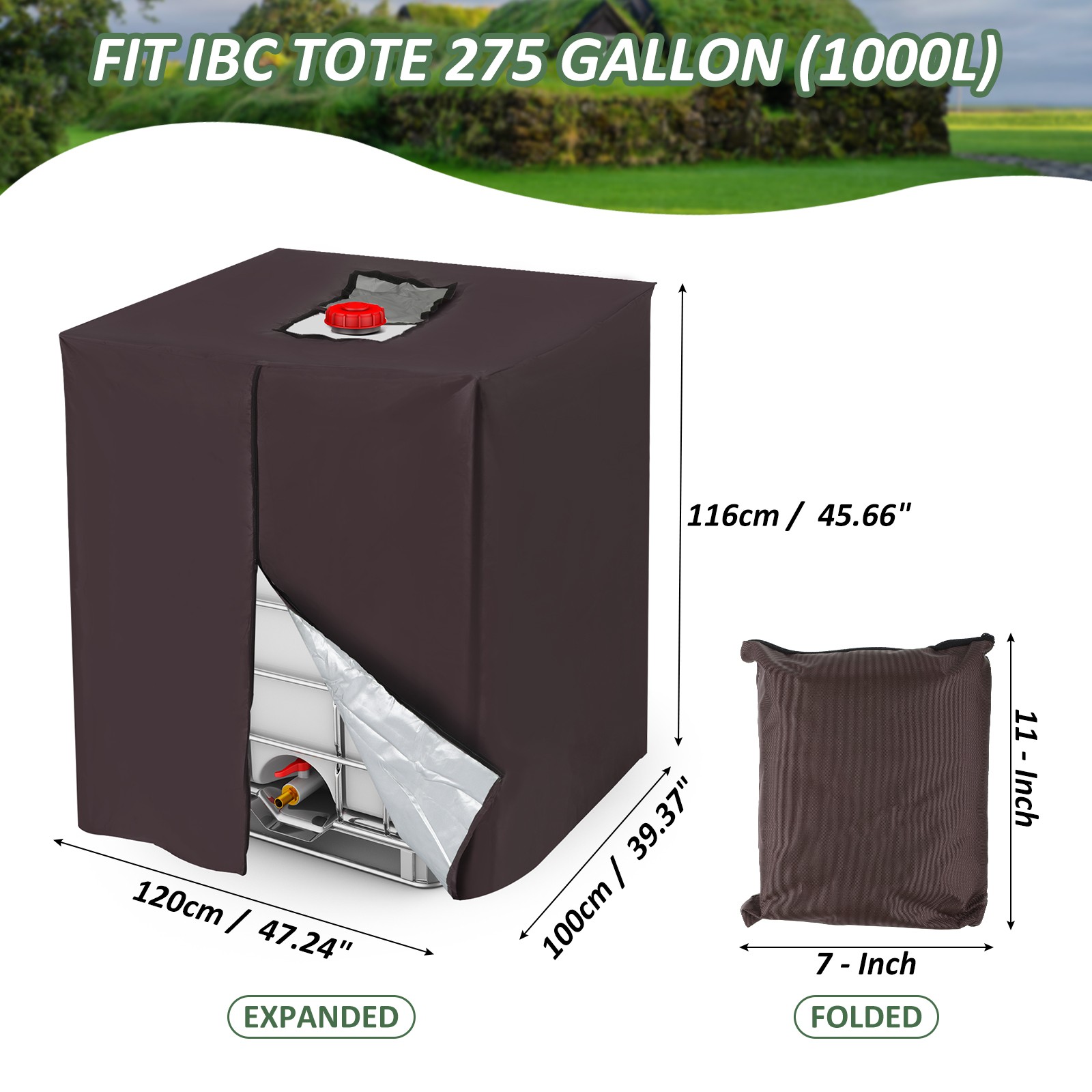 275 Gallon Zipper IBC Tote Cover 420D Oxford 1000L Water Tank Protective Brown