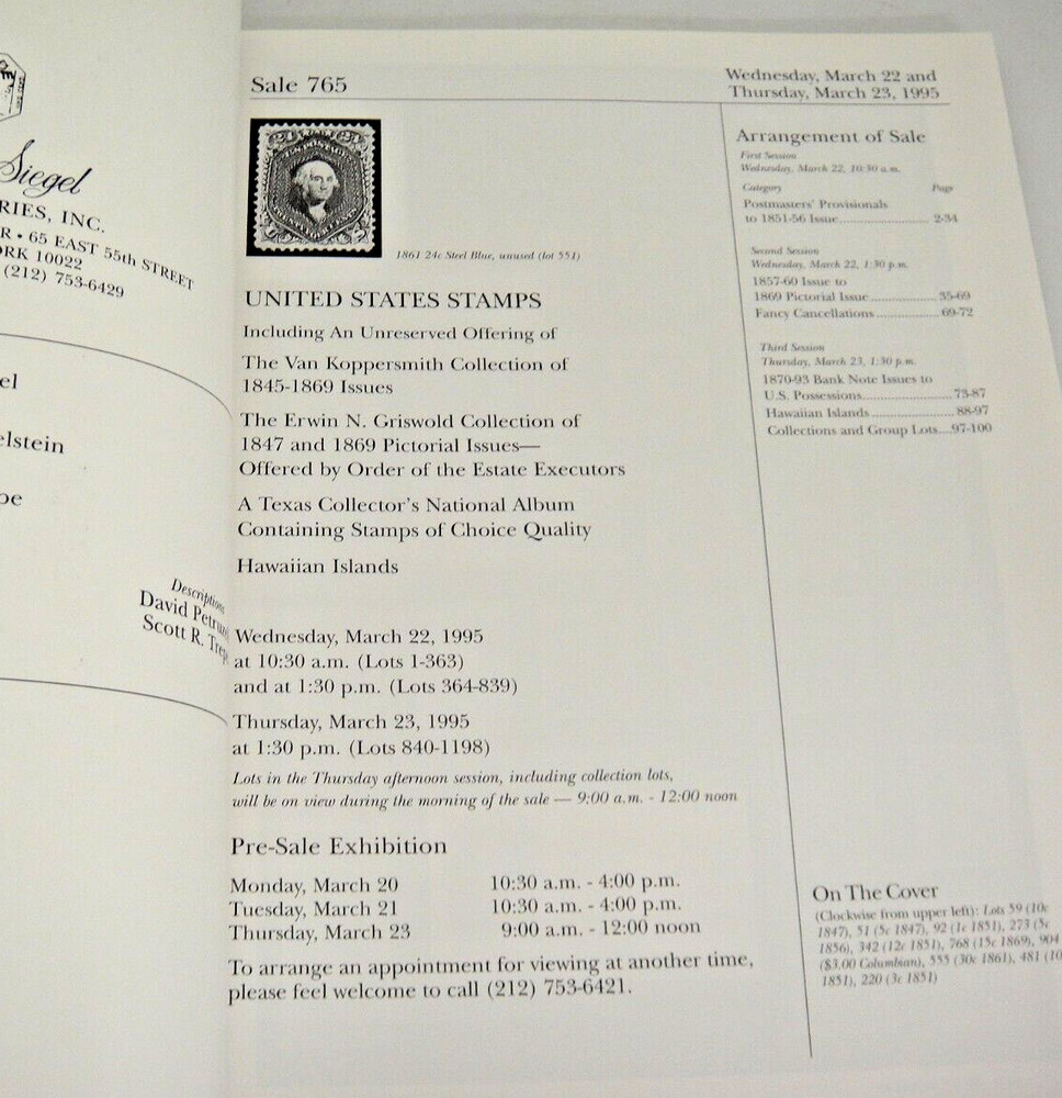 Siegel Stamp Auction Catalog 1995 1845-1869 Issues 1847 & 1869 Pictorial Issues