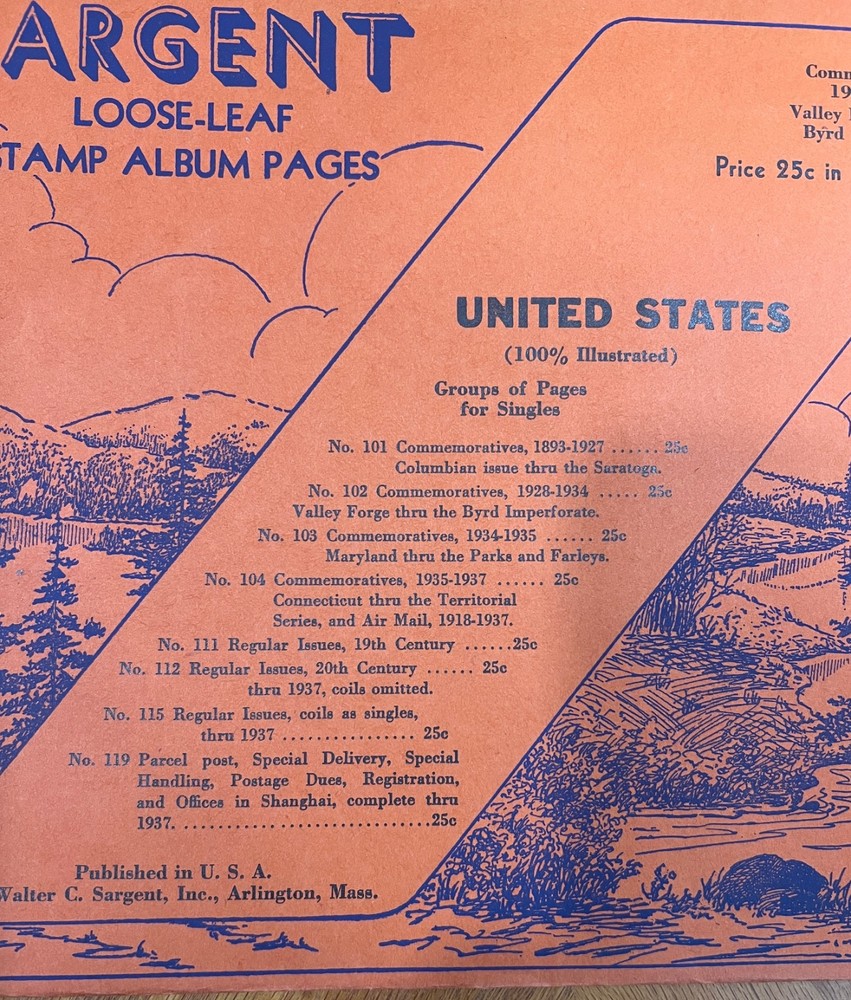 VINTAGE SARGENT LOOSE LEAF STAMP ALBUM PAGES #102 US COMMEMORATIVES, 1928-34
