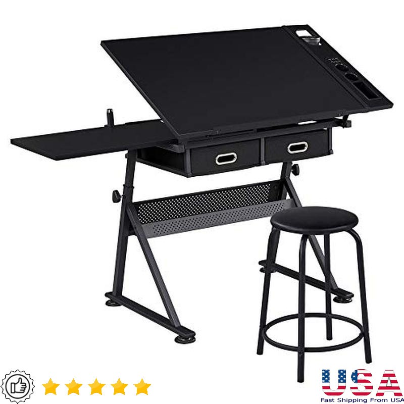 Adjustable Height Drafting Table W/ Stool Storage Drawers Art Craft Desk New