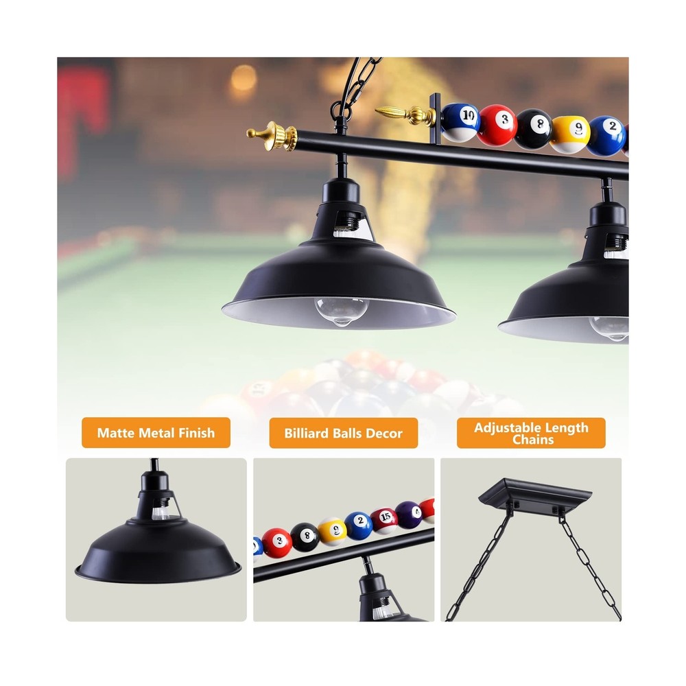 3-Light Billiard Pool Table Lights Hanging Over Pool Table, for 7'-8' Table w...