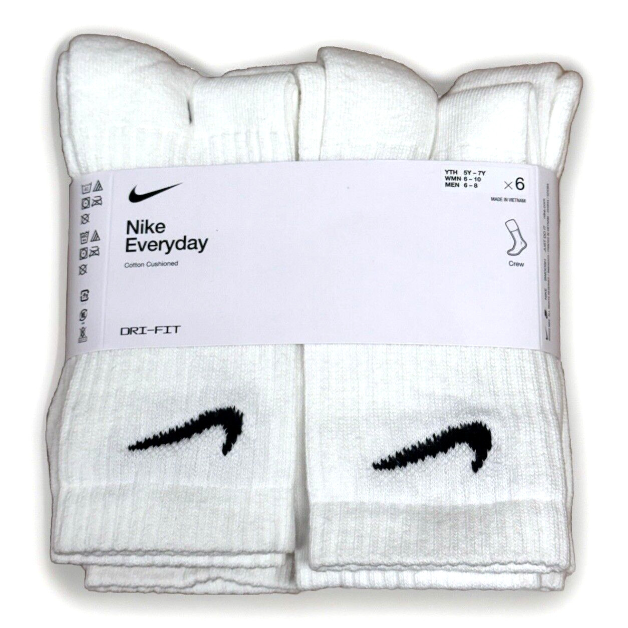 AUTHENTIC Nike Men's Everyday Training Crew Socks 6-PAIRS WHITE MEDIUM 6-8